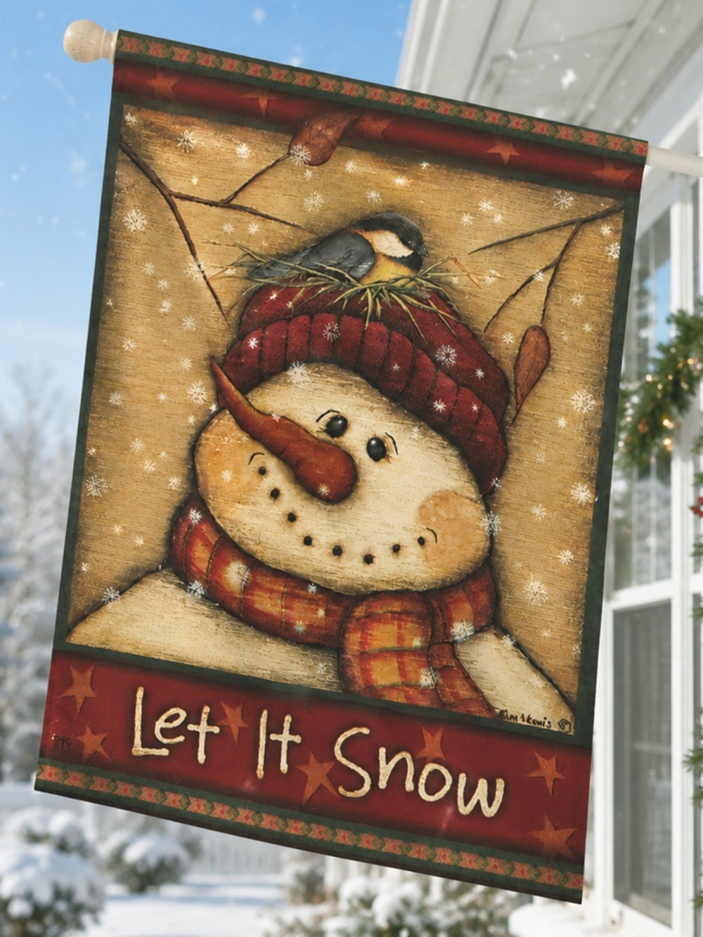 28" x 40" Breeze Art House Flag Let It Snow "Snowman II" by artist Kim Lewis NIP